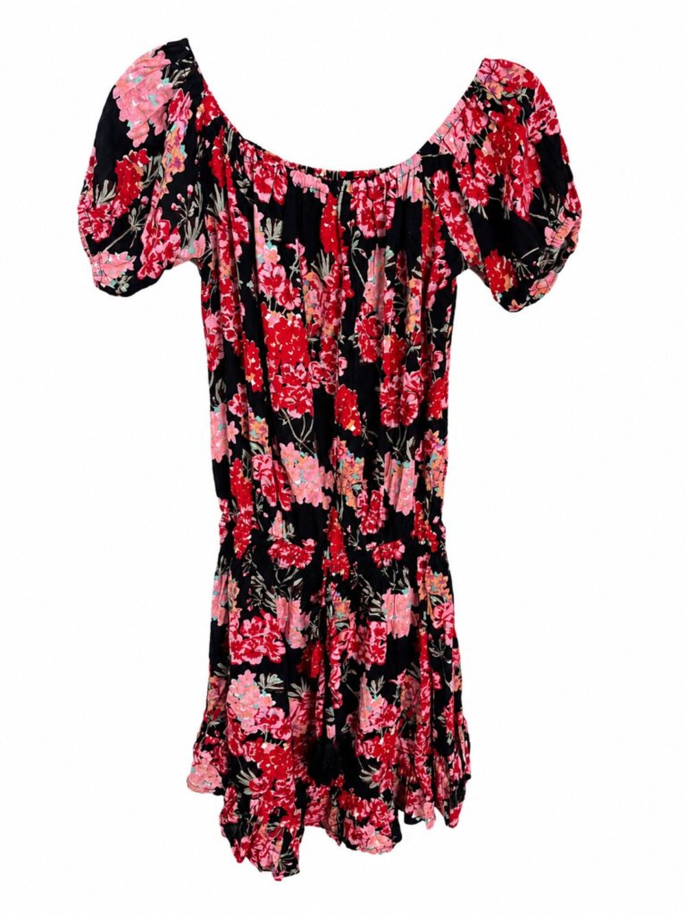 NEW Tiare Hawaii Floral Mini Dress One Size Black Pink Boho Off Shoulder Puff